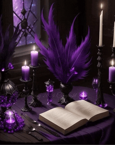 an open book sits on a table with purple candles and purple feathers