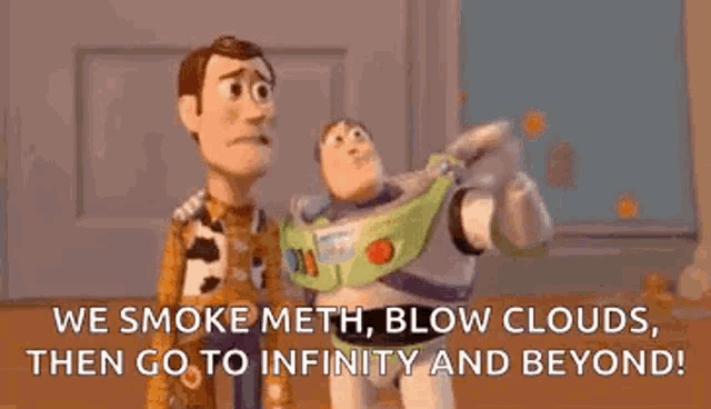 woody and buzz lightyear from toy story are standing next to each other .