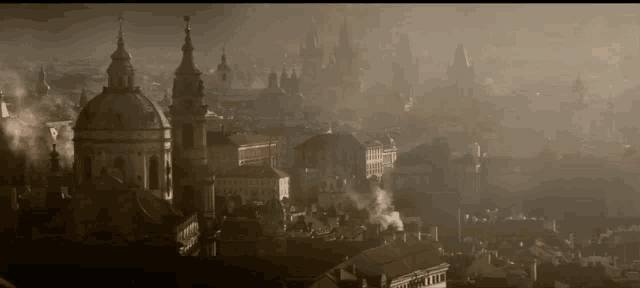 a cityscape with smoke coming out of chimneys and buildings