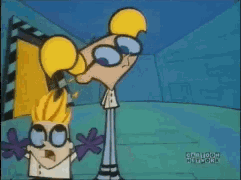a cartoon character is standing next to another cartoon character with glasses .