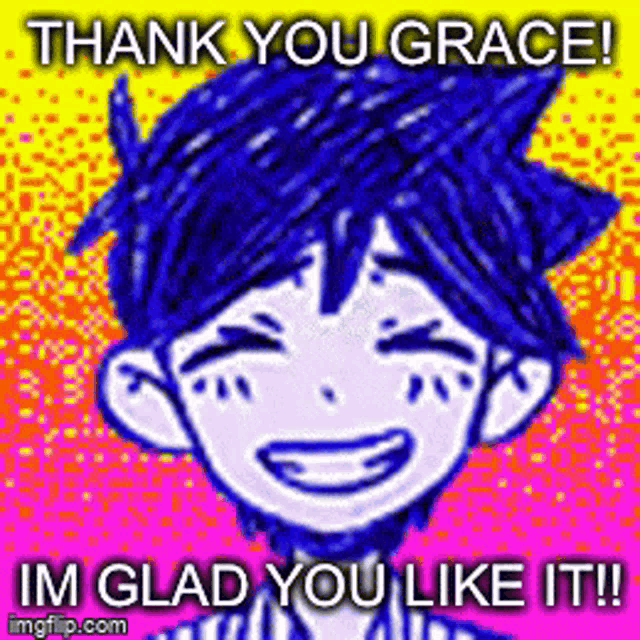 a drawing of a boy with blue hair and the words thank you grace i 'm glad you like it