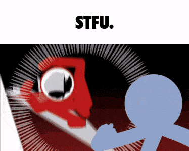 a cartoon drawing of a red monster and a blue stick figure with the words stfu below it