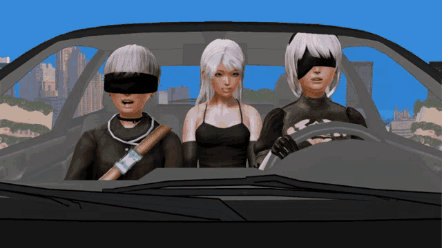 a cartoon of three people in a car with one wearing a blindfold