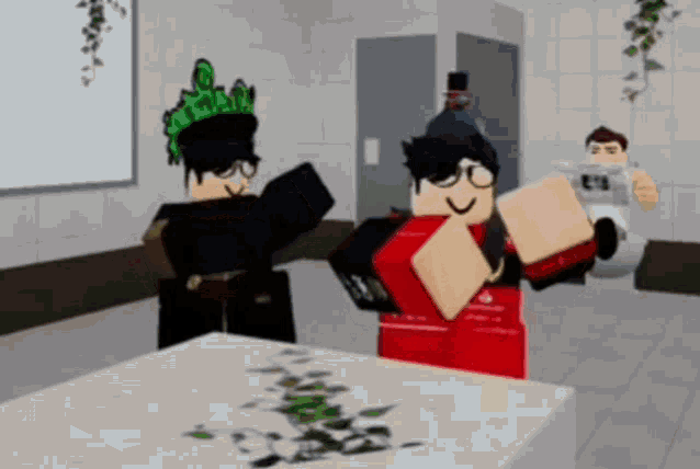 a couple of roblox characters are standing next to each other in a bathroom .