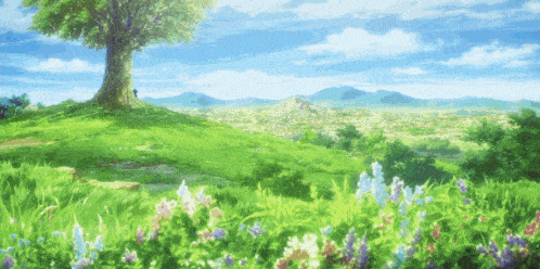 a tree in the middle of a grassy field with flowers