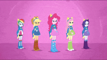 a group of ponies are standing in a row with their arms outstretched on a pink background
