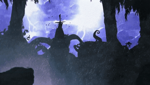 a purple background with a silhouette of a castle in the middle