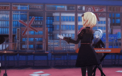 a girl in a black dress stands in front of a sign that says office