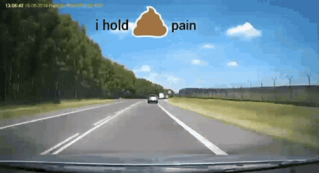 a car is driving down a highway with a picture of a poop and the words " i hold pain " above it