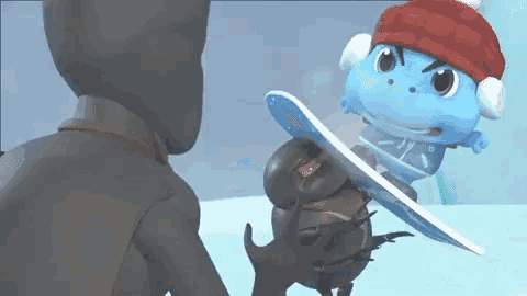 a cartoon character is holding a snowboard and wearing a red hat .