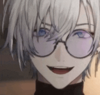 a close up of a anime boy wearing glasses and smiling .