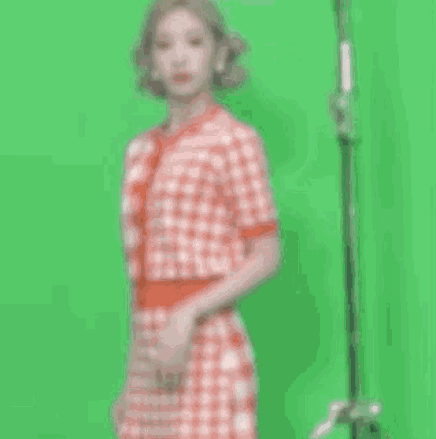 a woman is standing in front of a green screen wearing a plaid shirt and skirt .