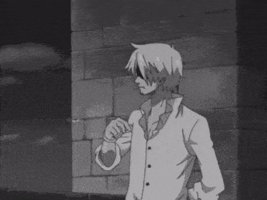 a black and white drawing of a man standing in front of a stone wall