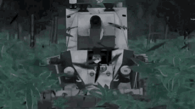 a black and white cartoon of a girl driving a tank