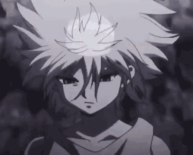 a black and white drawing of a person with white hair and a serious look on their face .