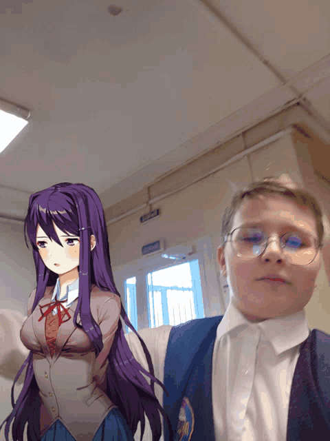 a boy wearing glasses stands next to a girl with purple hair and a sign that says выход