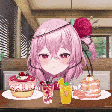 a girl with a rose in her hair is sitting at a table with plates of food and drinks