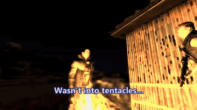 two men are standing in front of a building with the words " wasn 't into tentacles " above them