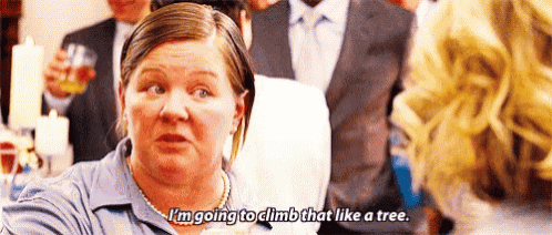 a woman is talking to another woman and says `` i 'm going to climb that like a tree . ``