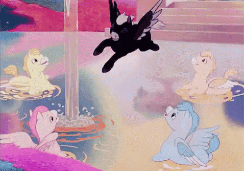a group of ponies are swimming in a pool and one of them is flying