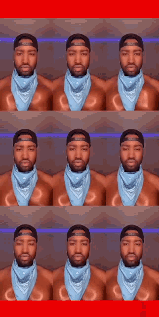 a man wearing a blue bandana and a baseball cap looks at the camera