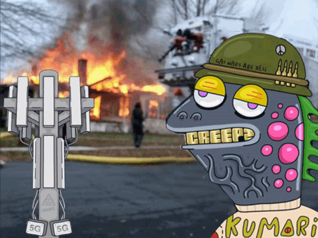 a cartoon drawing of a creep wearing a green helmet that says gay wars are hell