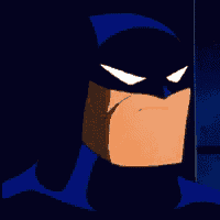 a close up of a cartoon batman 's face with a serious look on his face