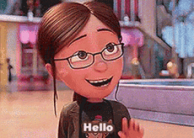 a cartoon girl wearing glasses and a shirt that says hello is smiling and waving .