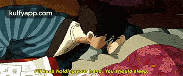 a cartoon of a man laying in bed with the words " i 'll keep holding your hand " on the bottom