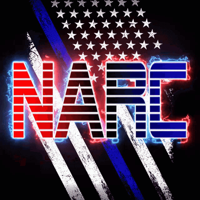 a neon sign that says narc with an american flag background