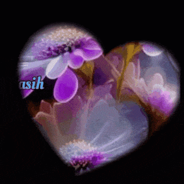 a heart with purple flowers and the name asih written on the bottom