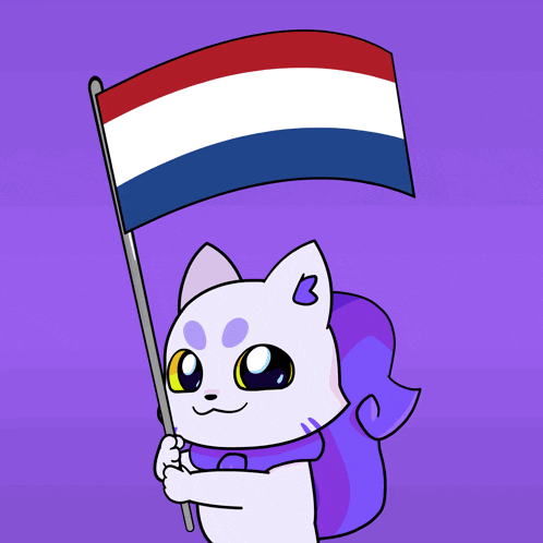 a cartoon cat is holding a flag with a red white and blue stripe