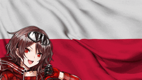 a girl with red eyes and goggles stands in front of a polish flag