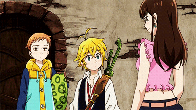 a girl in a pink top is standing next to a boy and a girl