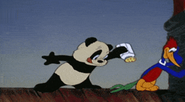 a cartoon of a panda and woody woodpecker playing with a salt shaker