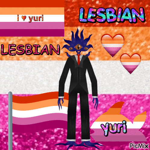 a drawing of a man in a suit with the words lesbian yuri on the bottom