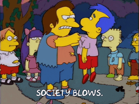 a cartoon of a group of children with the words society blows