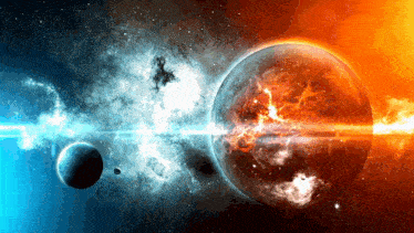 a planet in the middle of a galaxy with a blue and orange glow
