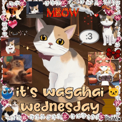 a picture of a calico cat with the words it 's wagahai wednesday on the bottom