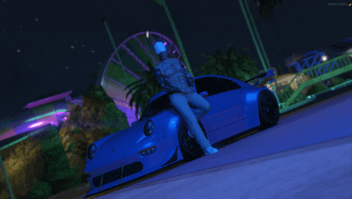a man in a chef hat leans on a blue car in a video game