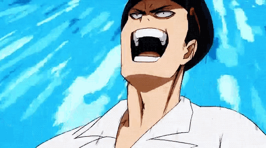 a man in a white shirt is screaming with his mouth open in front of a blue background .