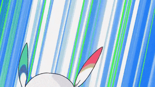 a cartoon rabbit with colorful ears is standing in front of a blue and green striped background .
