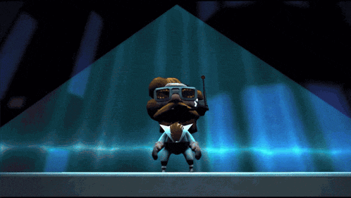 a cartoon character with a mustache and glasses is standing in front of a blue wall