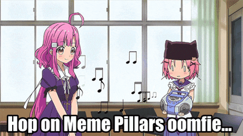 a girl with pink hair is standing next to another girl holding a boombox that says hop on meme pillars oomfie