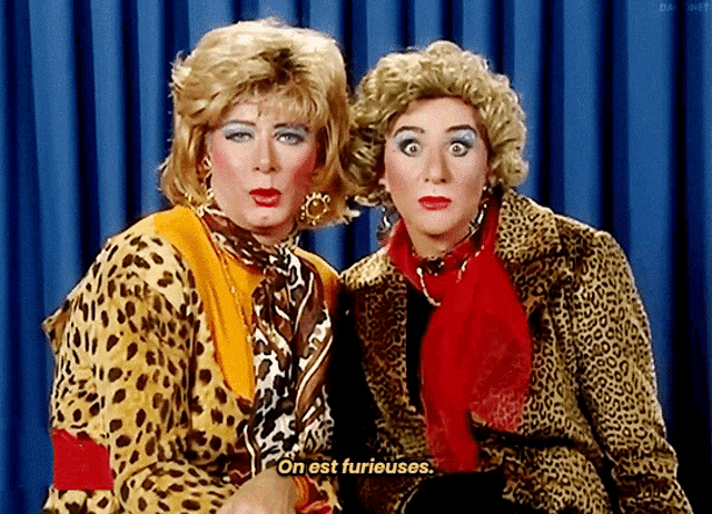two women dressed in leopard print are standing next to each other and one says on est furieuses