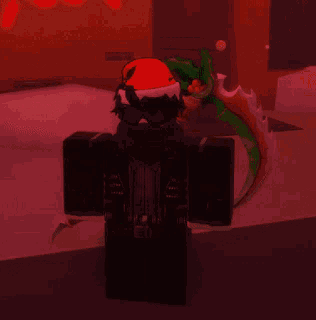 a cartoon character wearing a santa hat and a sword