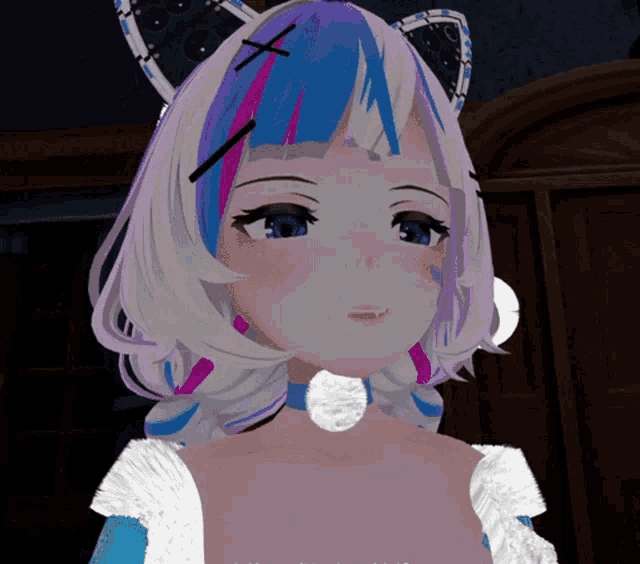 a computer generated image of a girl with a cat ear and white fur