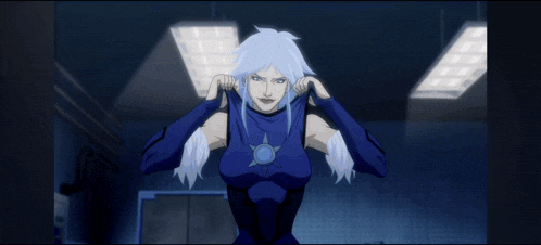 a cartoon of a woman in a blue suit with white hair