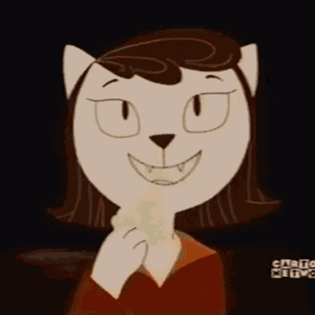 a cartoon cat with brown hair is smiling in front of a red box that says cartoon network