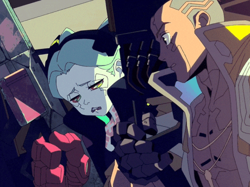 a man and a woman are standing next to each other in a cartoon